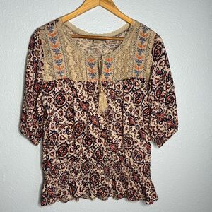 Small Boho Vintage American Blues Top, brown & blue